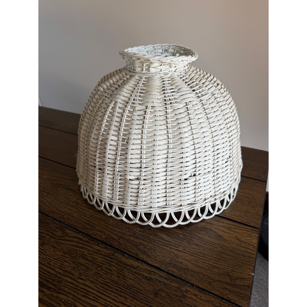 Vintage Wicker Lamp Shade White Scalloped Weave Coastal Boho Bell